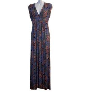 veronicam Maxi Dress Floral Print Blue Orange Green Sleeveless V Neck Boho M